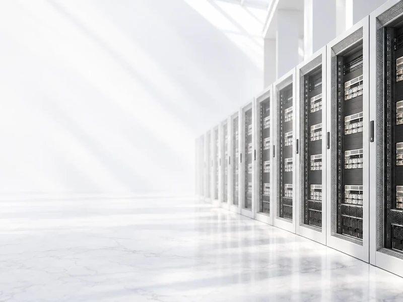 A row of server racks in a bright, white hall