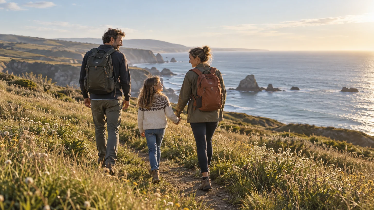 A family spending time together on a coastal path